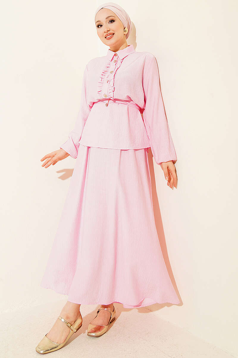 Half-Button Ruffle Skirt Set - Pink