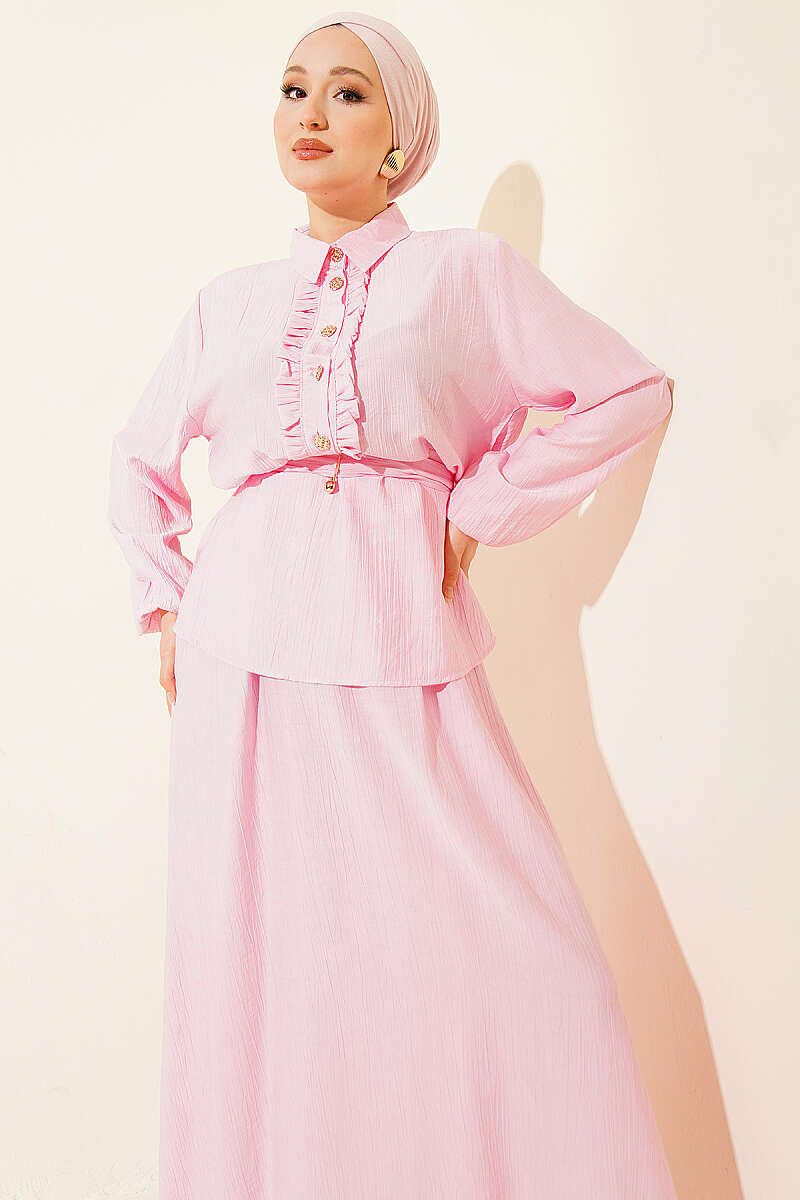 Half-Button Ruffle Skirt Set - Pink