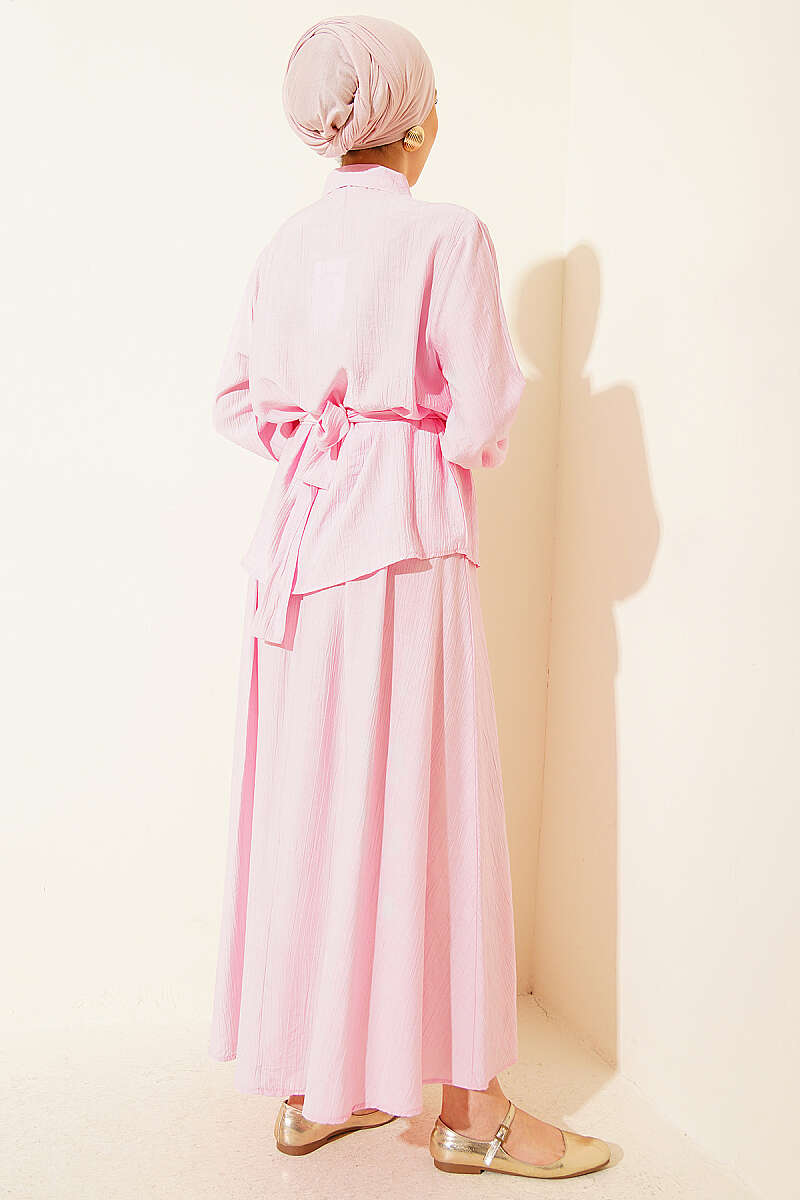 Half-Button Ruffle Skirt Set - Pink