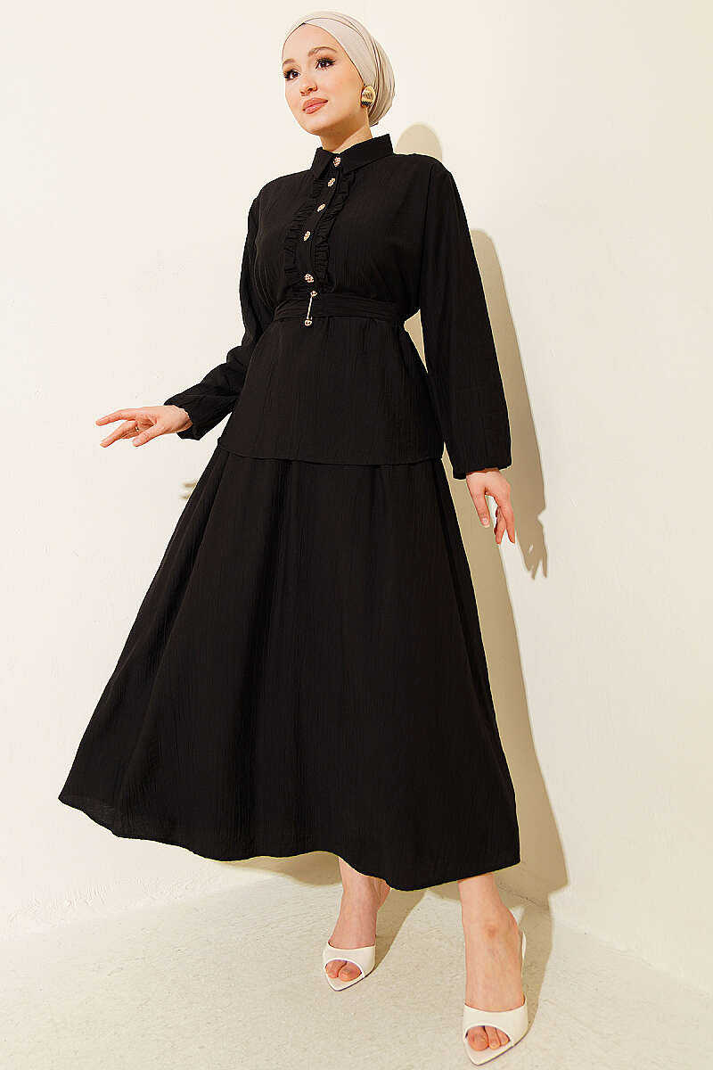 Half-Button Ruffle Skirt Set - Black