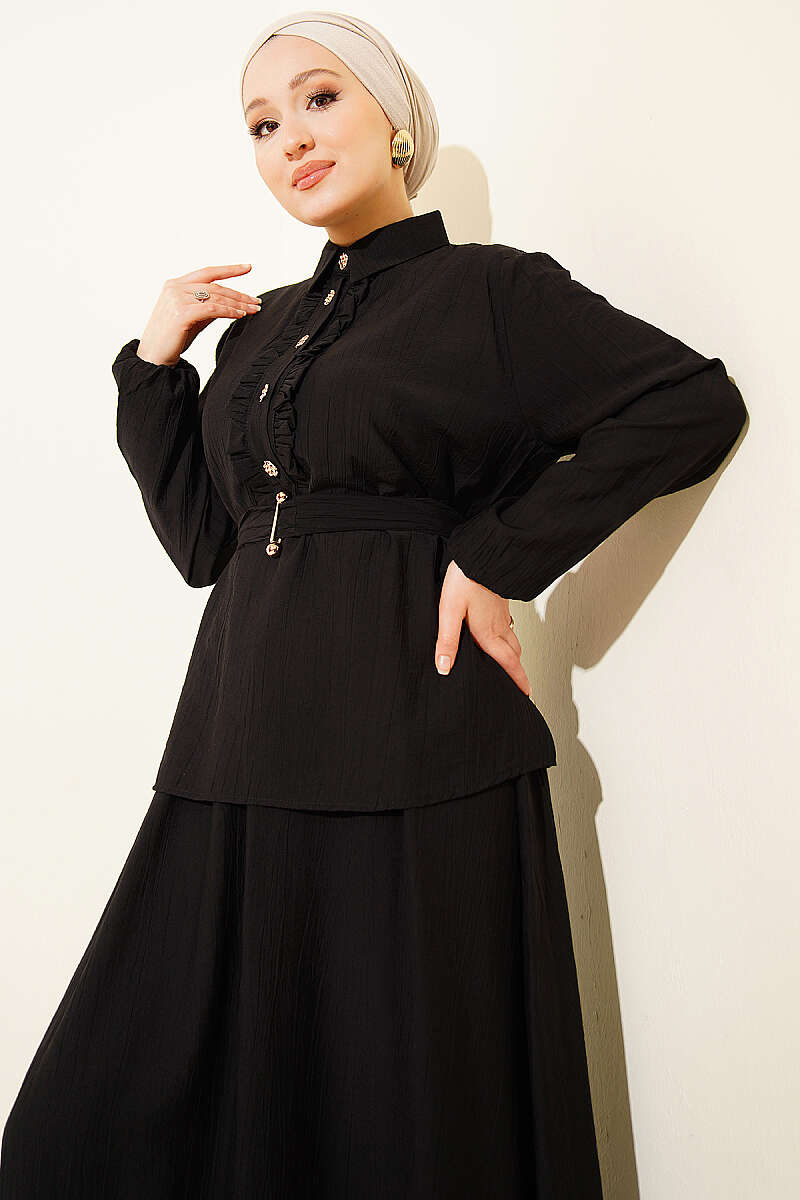 Half-Button Ruffle Skirt Set - Black