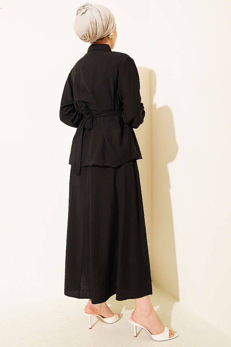 Half-Button Ruffle Skirt Set - Black