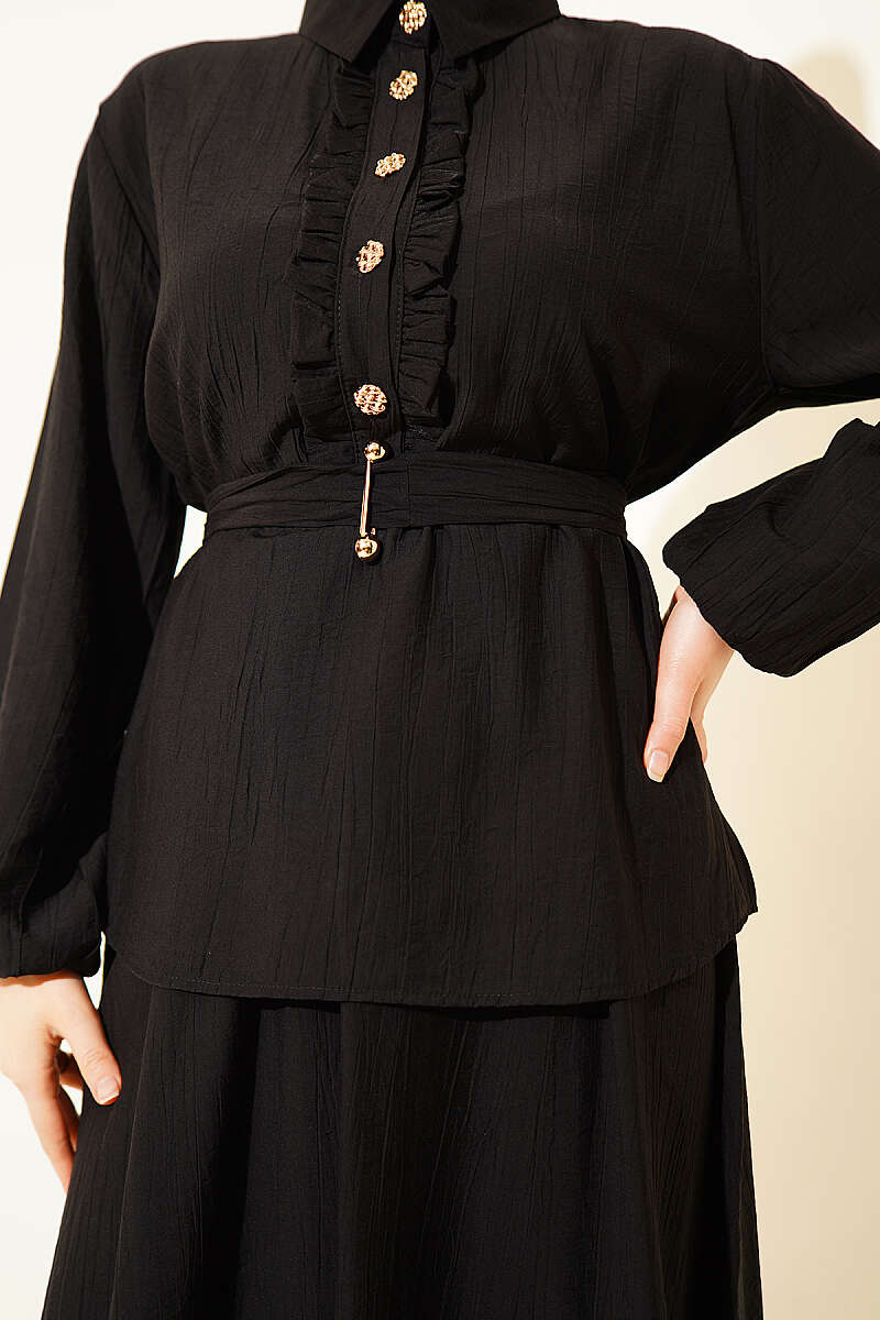 Half-Button Ruffle Skirt Set - Black