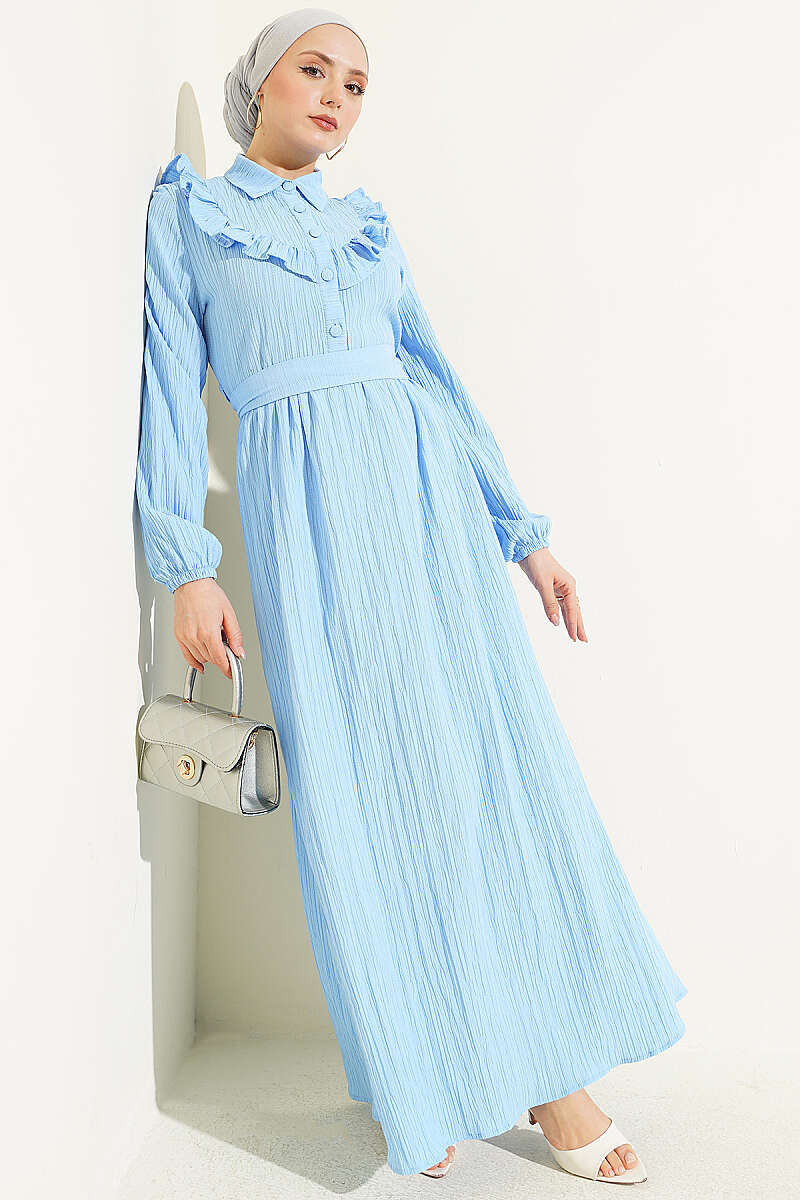 Half-Button Ruffle Crinkle Dress - Light Blue