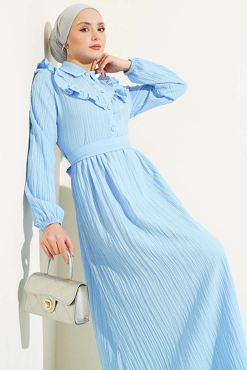 Half-Button Ruffle Crinkle Dress - Light Blue