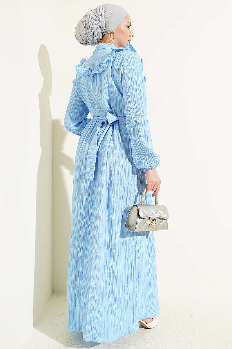 Half-Button Ruffle Crinkle Dress - Light Blue