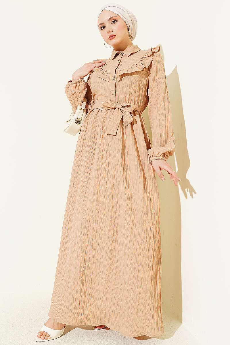 Half-Button Ruffle Crinkle Dress - Beige
