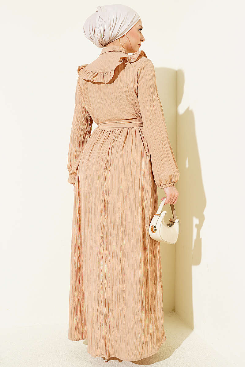 Half-Button Ruffle Crinkle Dress - Beige