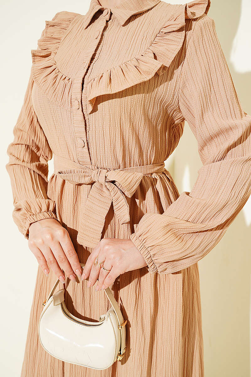 Half-Button Ruffle Crinkle Dress - Beige