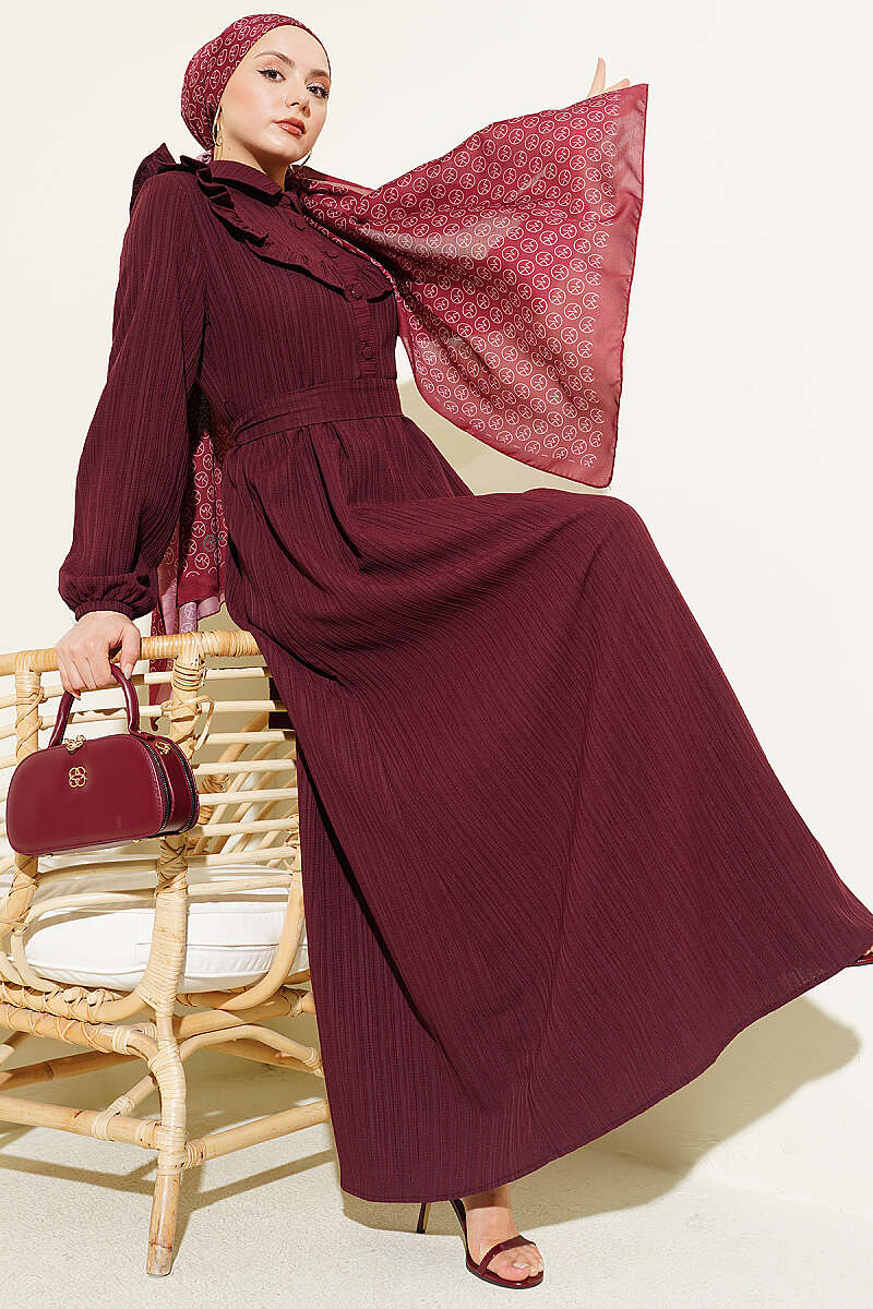 Half-Button Ruffle Crinkle Dress - Burgundy