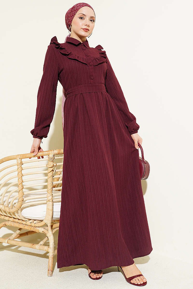 Half-Button Ruffle Crinkle Dress - Burgundy