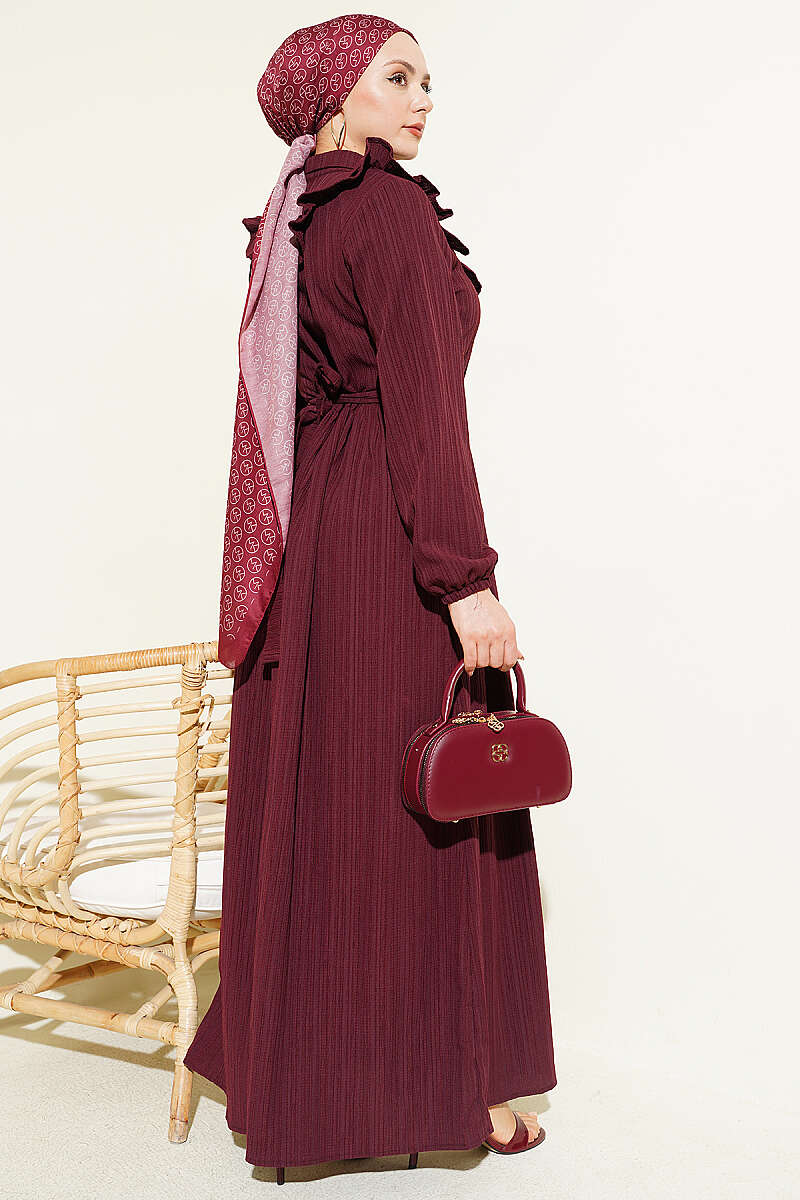 Half-Button Ruffle Crinkle Dress - Burgundy