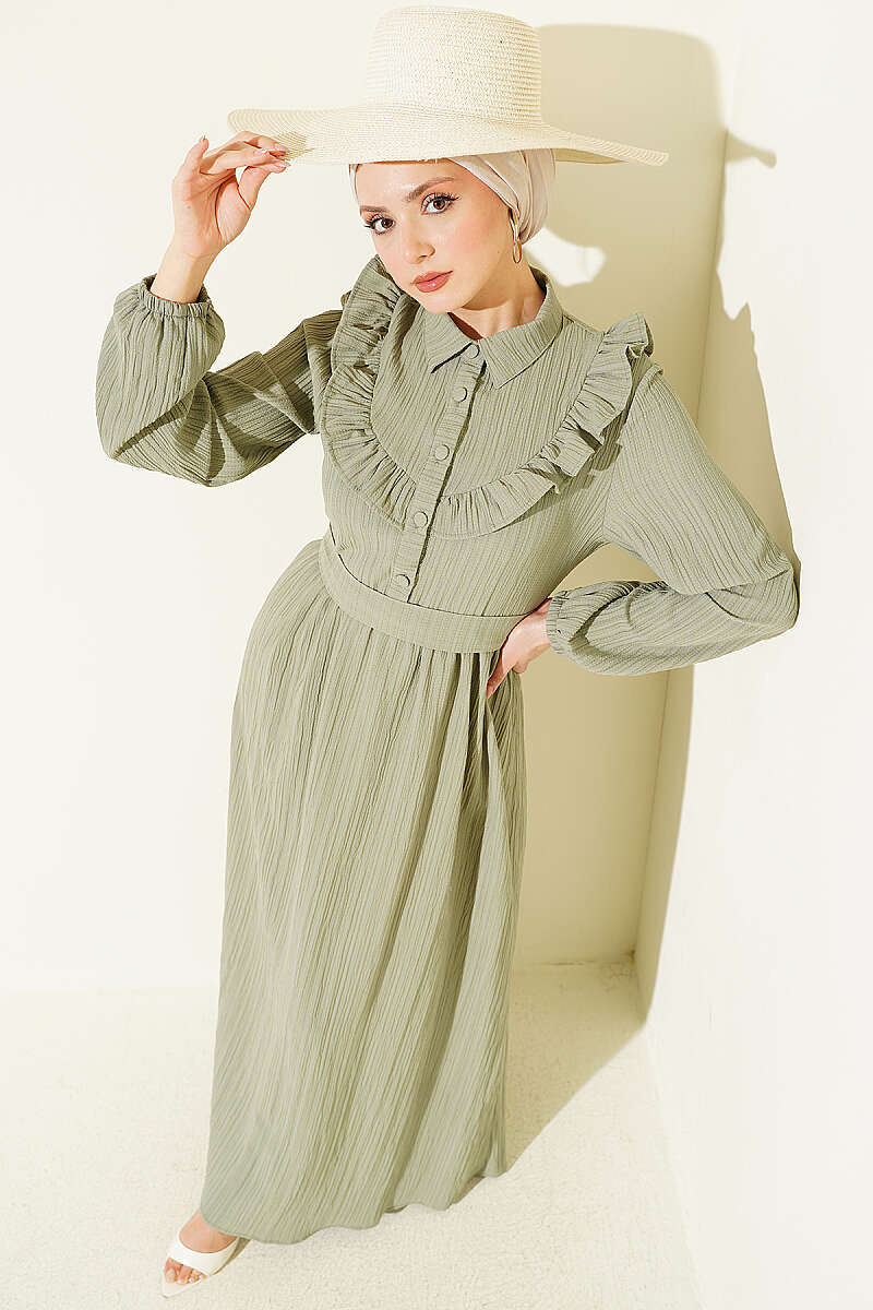 Half-Button Ruffle Crinkle Dress - Almond Green