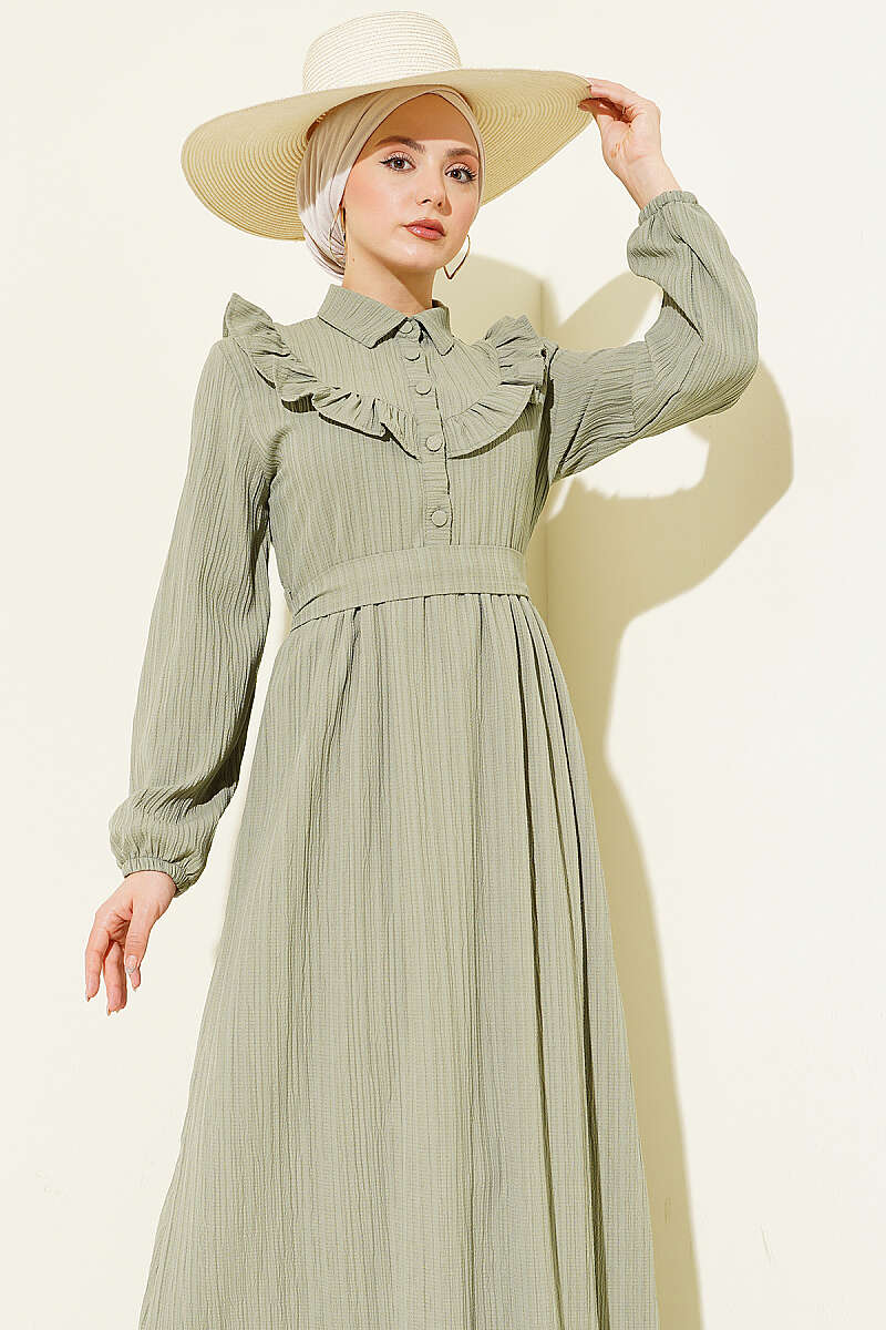 Half-Button Ruffle Crinkle Dress - Almond Green