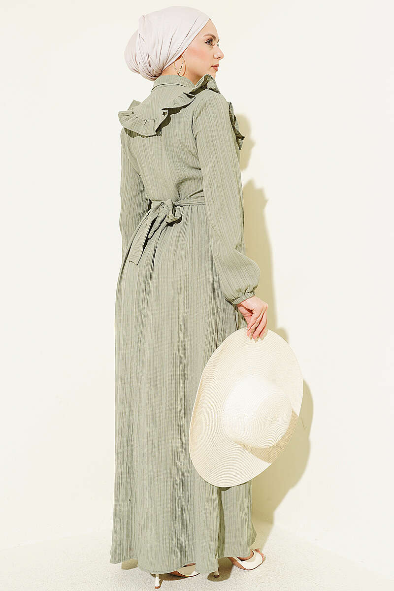 Half-Button Ruffle Crinkle Dress - Almond Green