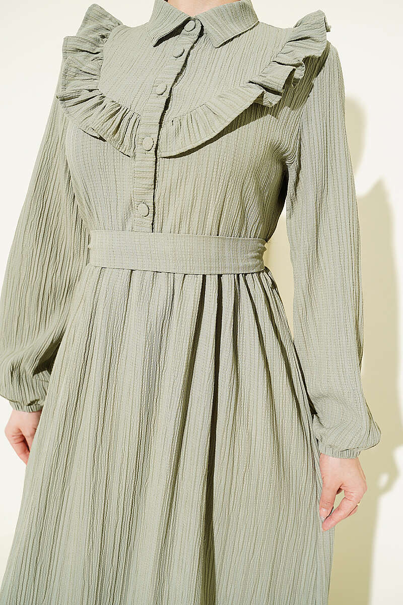 Half-Button Ruffle Crinkle Dress - Almond Green