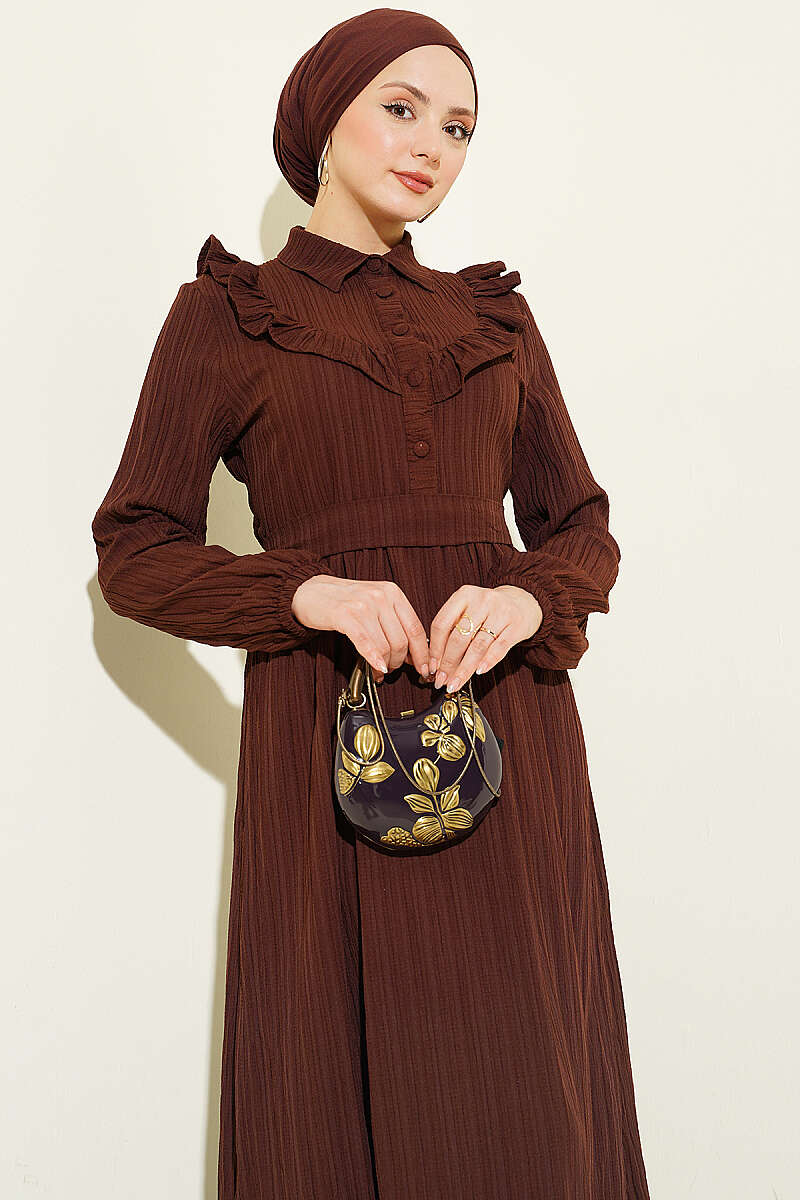 Half-Button Ruffle Crinkle Dress - Brown