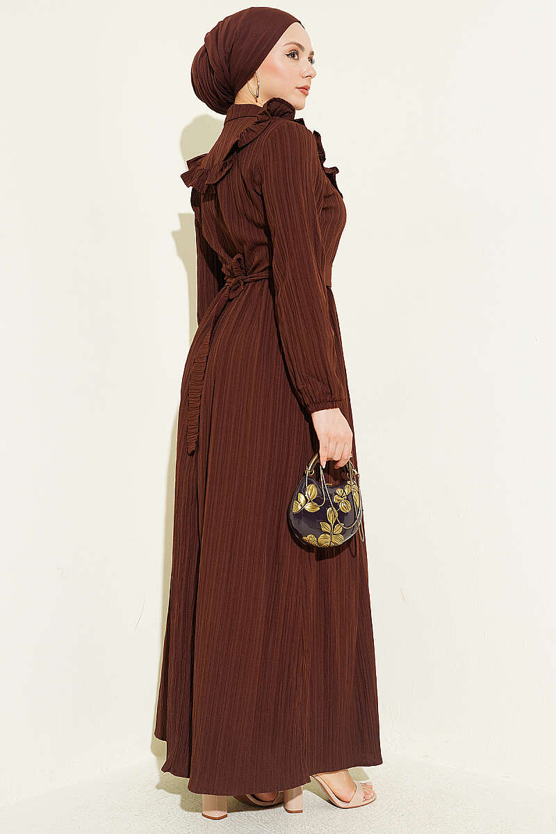 Half-Button Ruffle Crinkle Dress - Brown