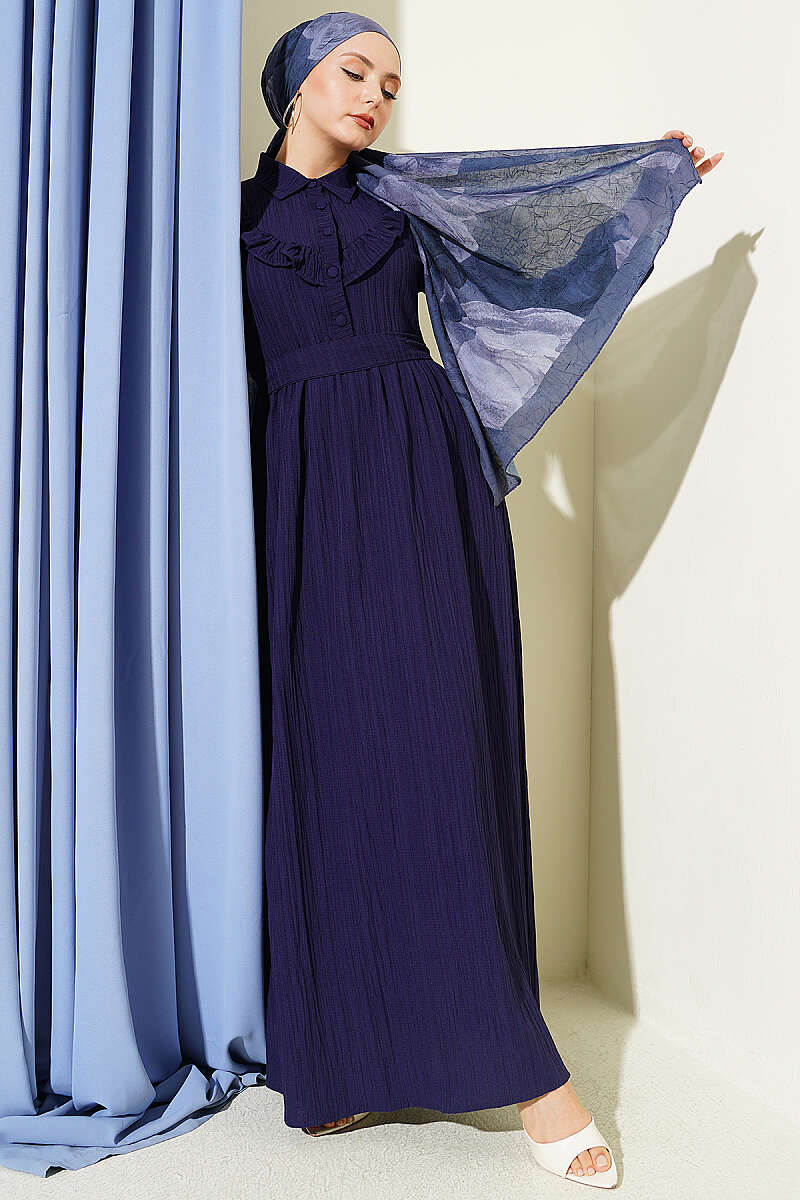 Half-Button Ruffle Crinkle Dress - Navy