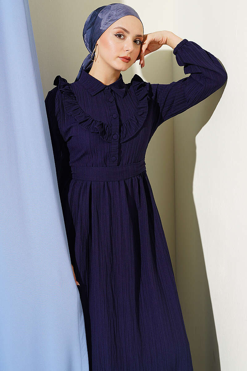 Half-Button Ruffle Crinkle Dress - Navy