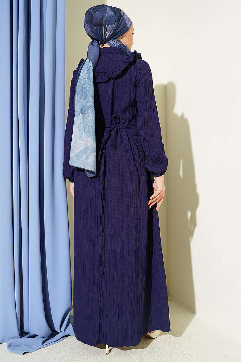 Half-Button Ruffle Crinkle Dress - Navy
