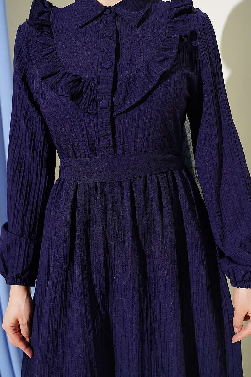 Half-Button Ruffle Crinkle Dress - Navy