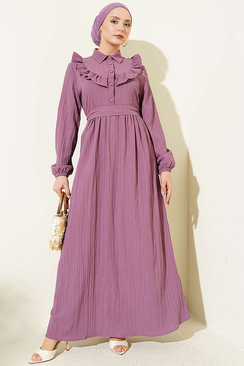 Half-Button Ruffle Crinkle Dress - Lilac