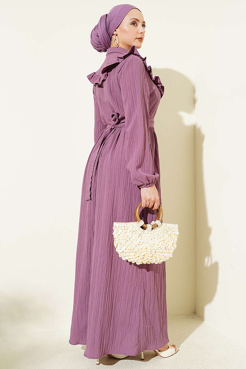 Half-Button Ruffle Crinkle Dress - Lilac
