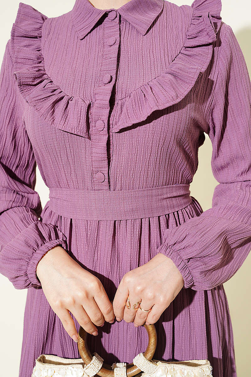 Half-Button Ruffle Crinkle Dress - Lilac