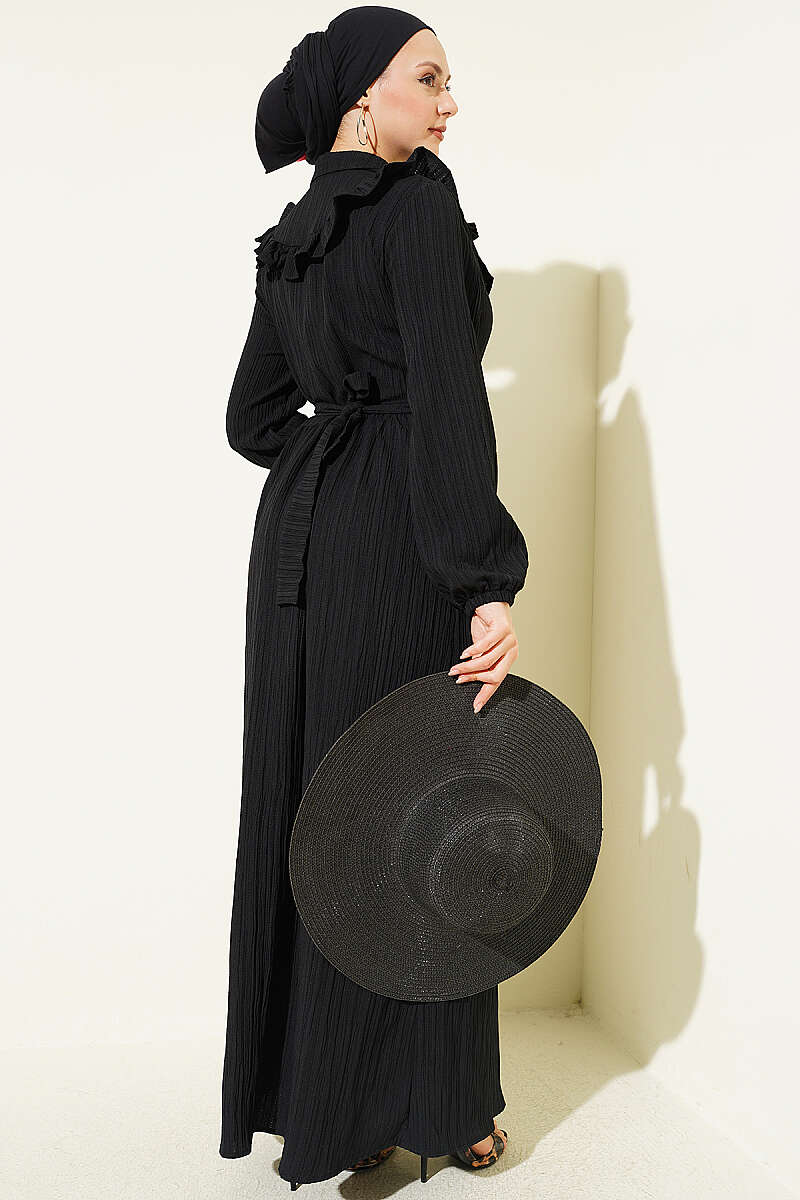Half-Button Ruffle Crinkle Dress - Black
