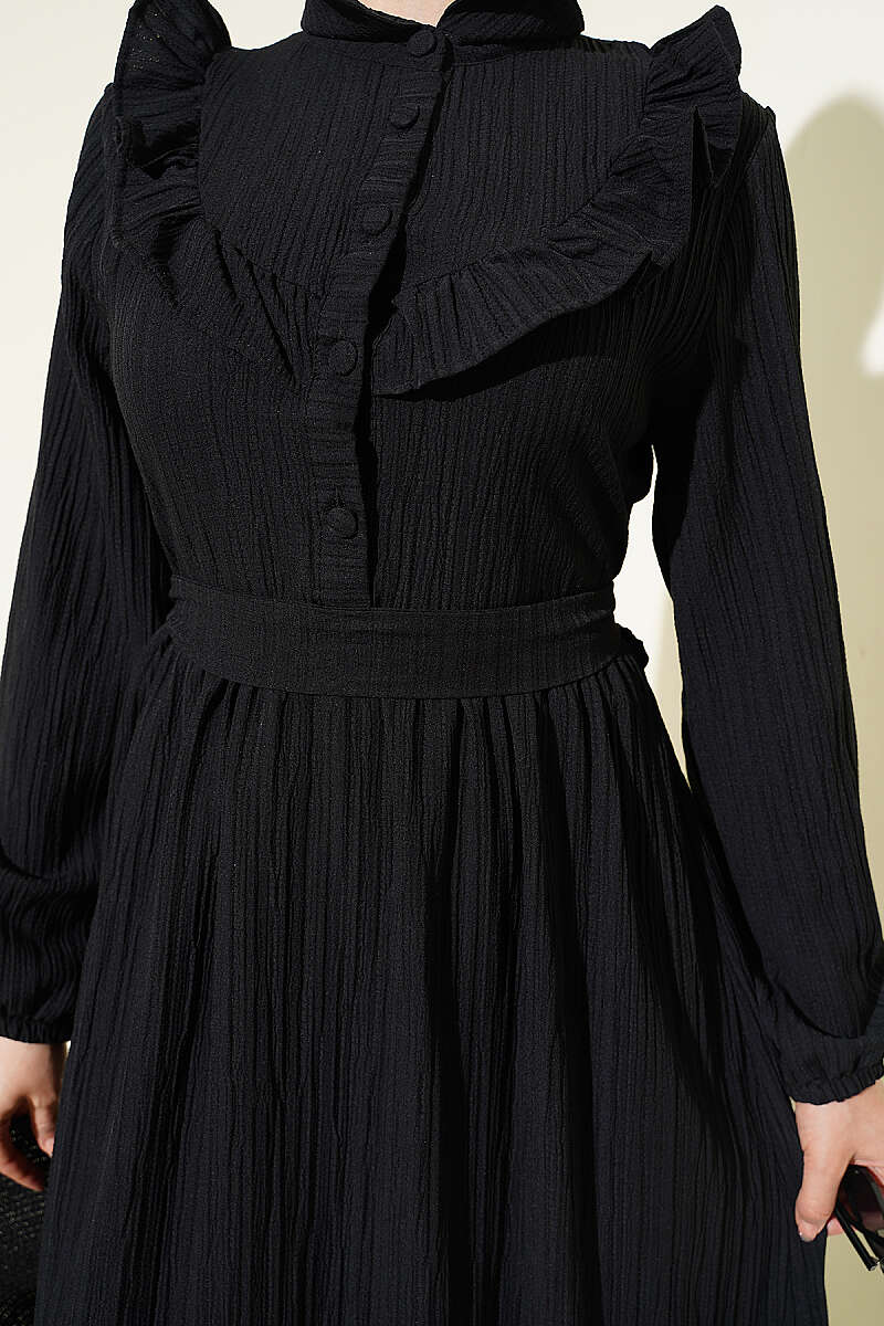 Half-Button Ruffle Crinkle Dress - Black