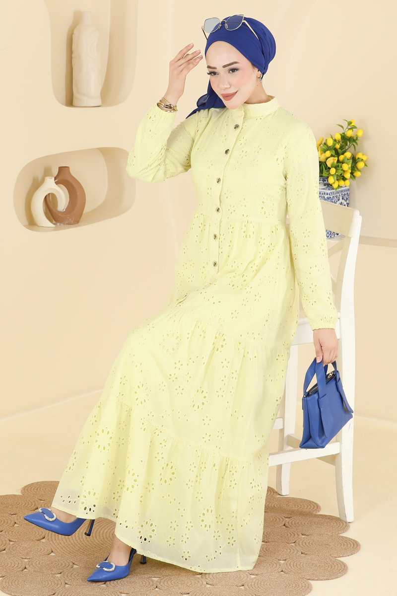 Half-Button Broderie Dress - Yellow