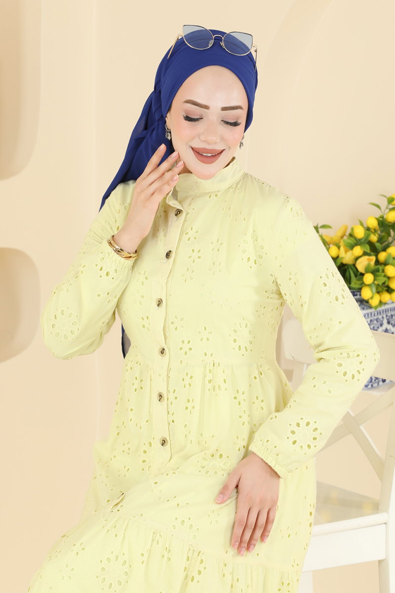 Half-Button Broderie Dress - Yellow
