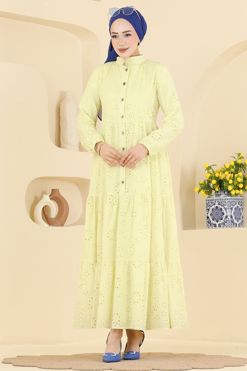 Half-Button Broderie Dress - Yellow