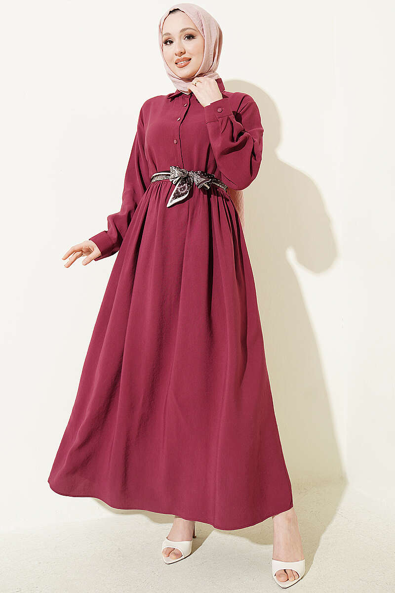 Half-Button Tencel Dress with Scarf - Burgundy