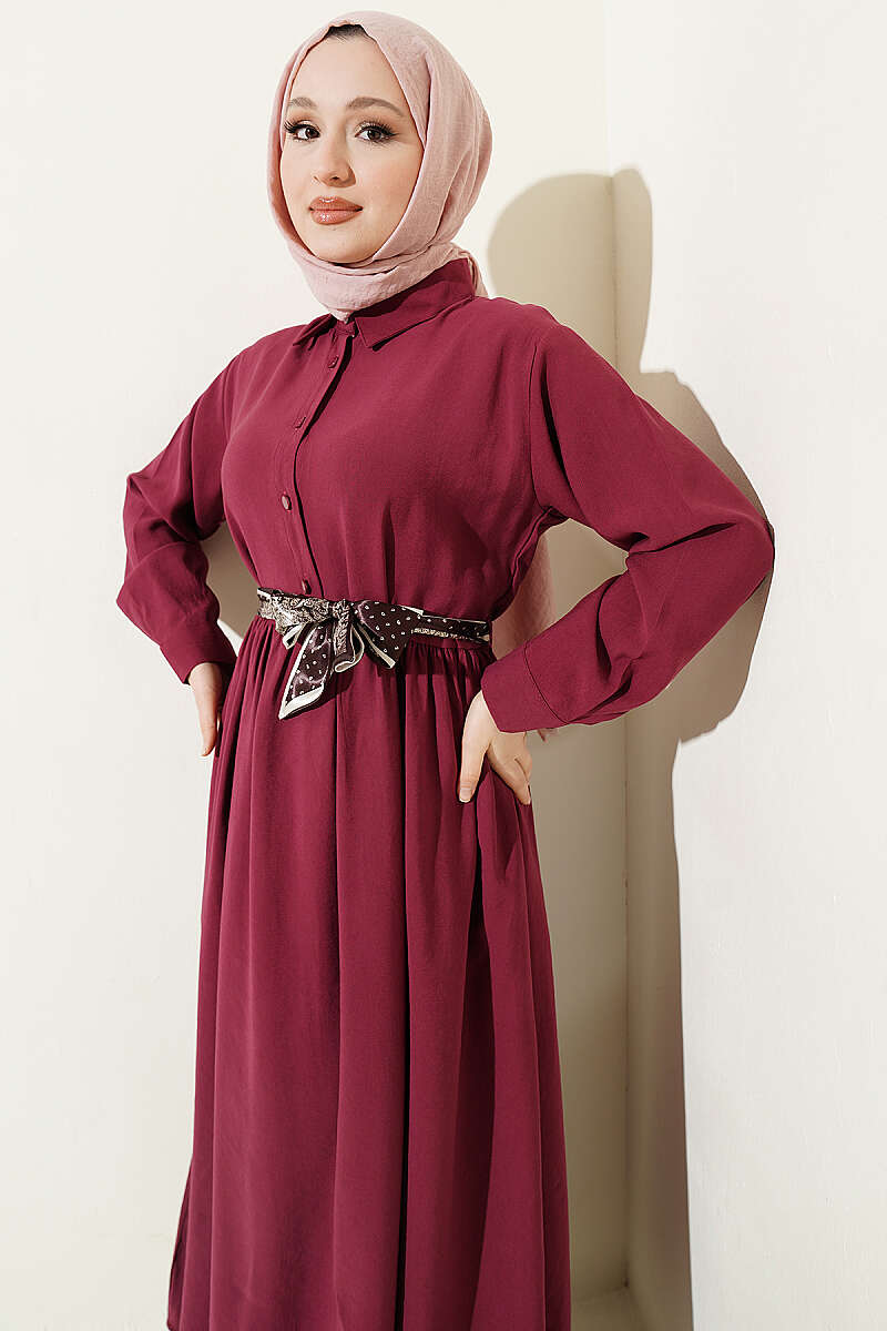 Half-Button Tencel Dress with Scarf - Burgundy