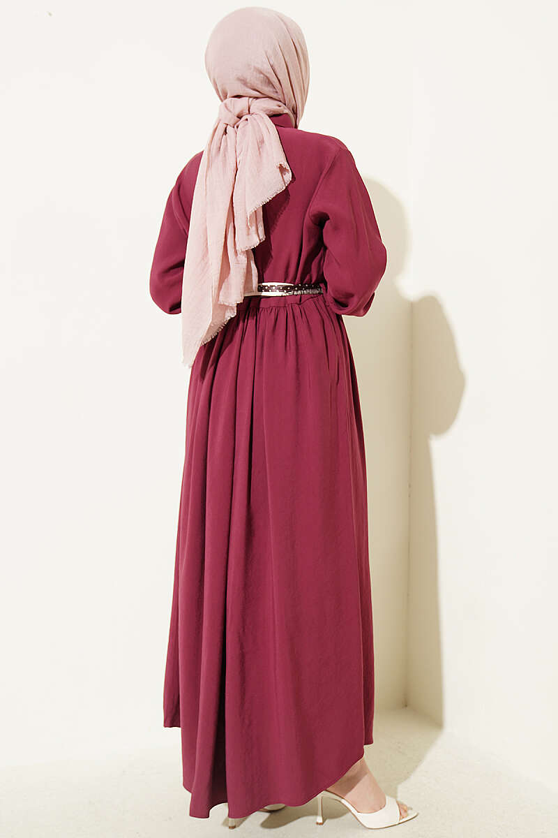 Half-Button Tencel Dress with Scarf - Burgundy