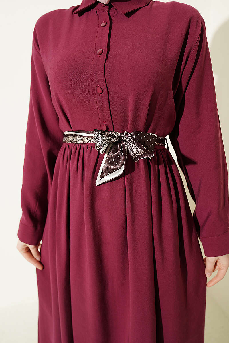 Half-Button Tencel Dress with Scarf - Burgundy