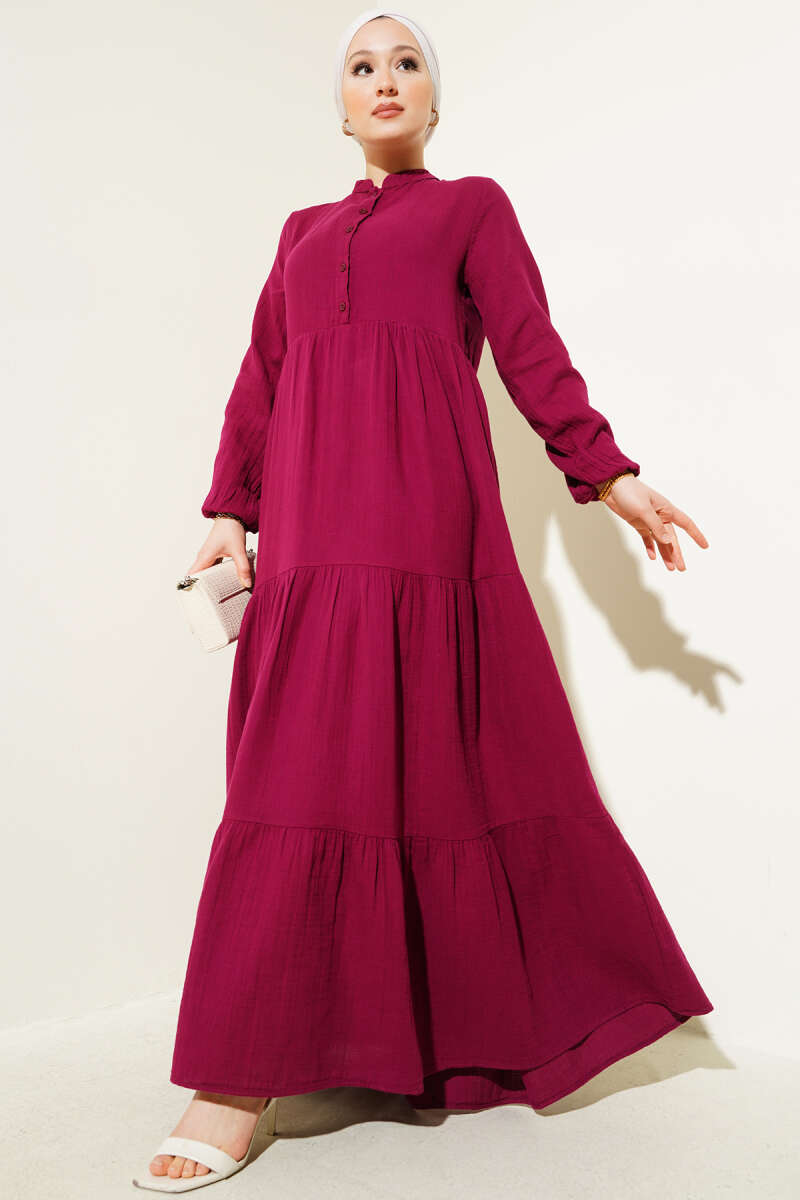 Half-Button Mandarin-Collar Muslin Dress - Burgundy
