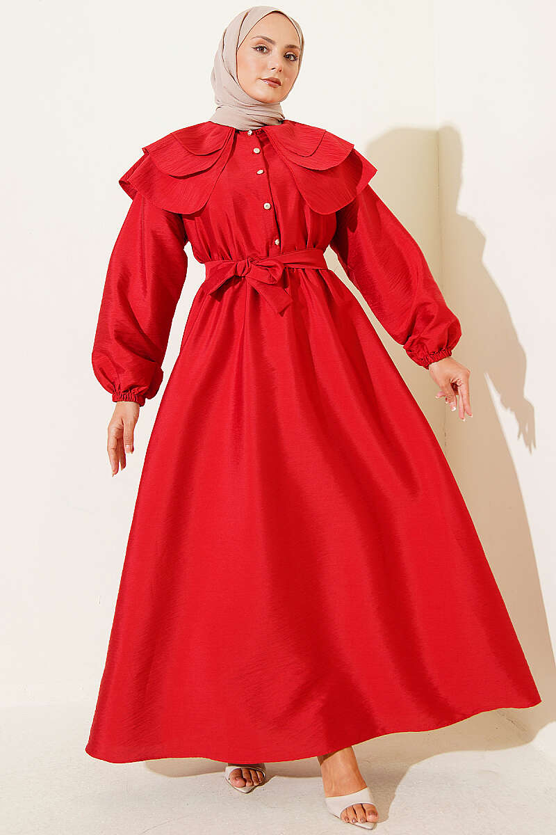 Tiered Half-Button Sailor-Collar Dress - Red