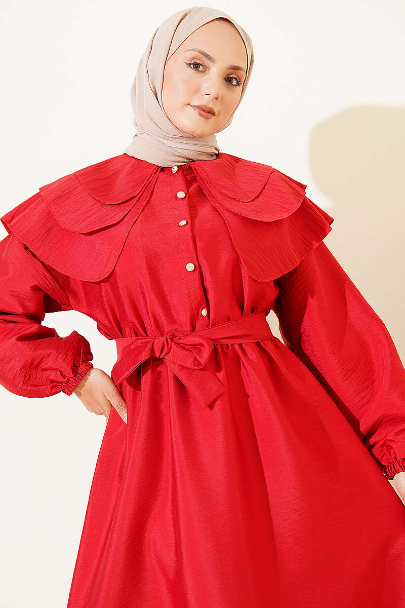 Tiered Half-Button Sailor-Collar Dress - Red