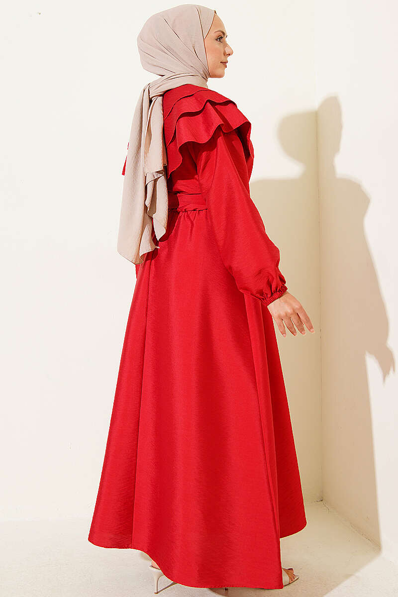 Tiered Half-Button Sailor-Collar Dress - Red