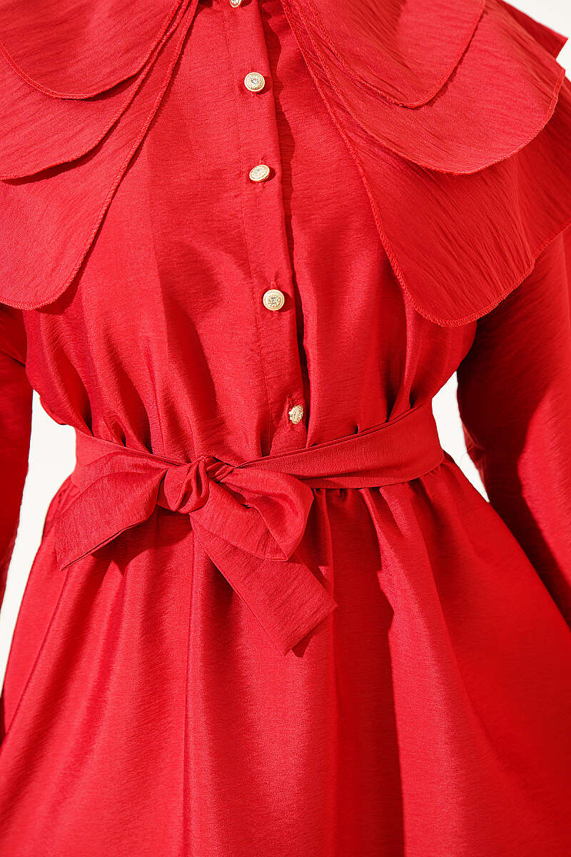 Tiered Half-Button Sailor-Collar Dress - Red