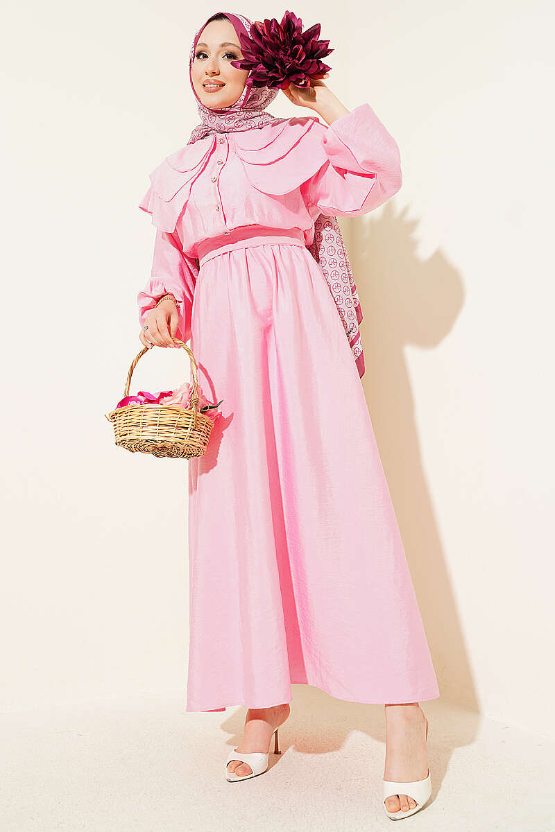 Tiered Half-Button Sailor-Collar Dress - Pink