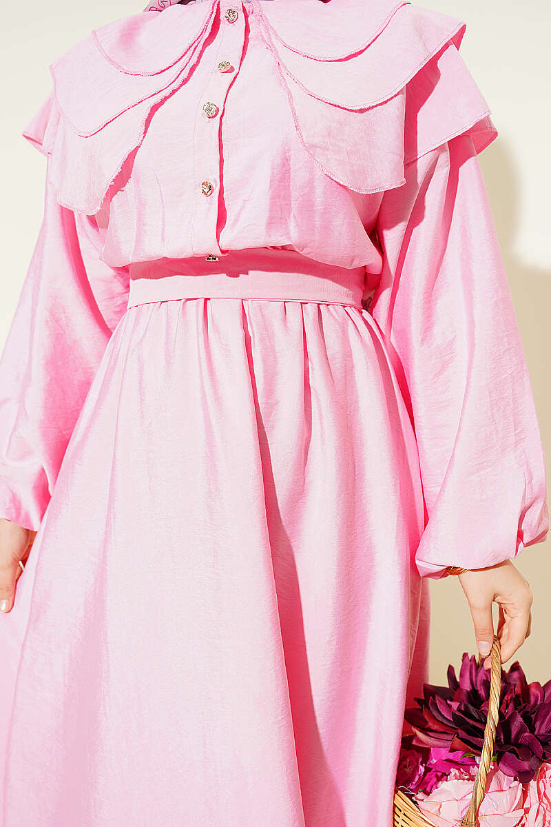 Tiered Half-Button Sailor-Collar Dress - Pink