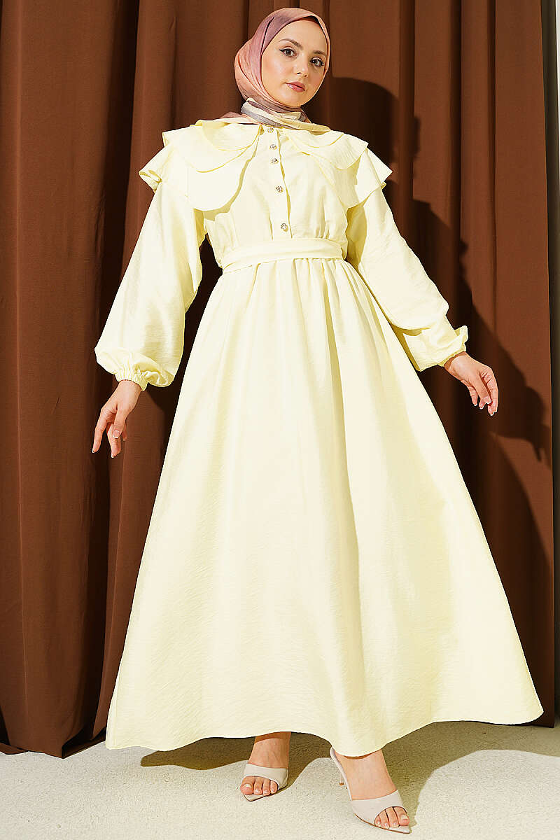 Tiered Half-Button Sailor-Collar Dress - Yellow