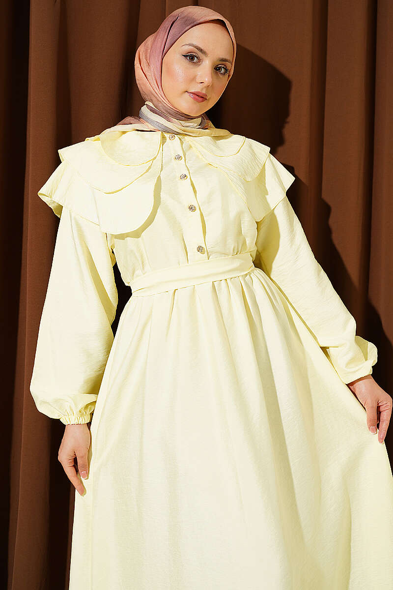 Tiered Half-Button Sailor-Collar Dress - Yellow