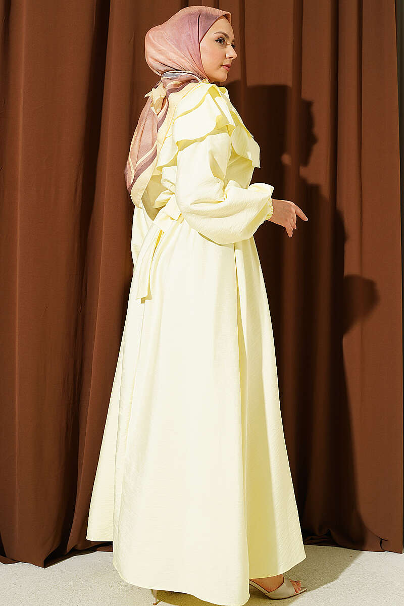 Tiered Half-Button Sailor-Collar Dress - Yellow