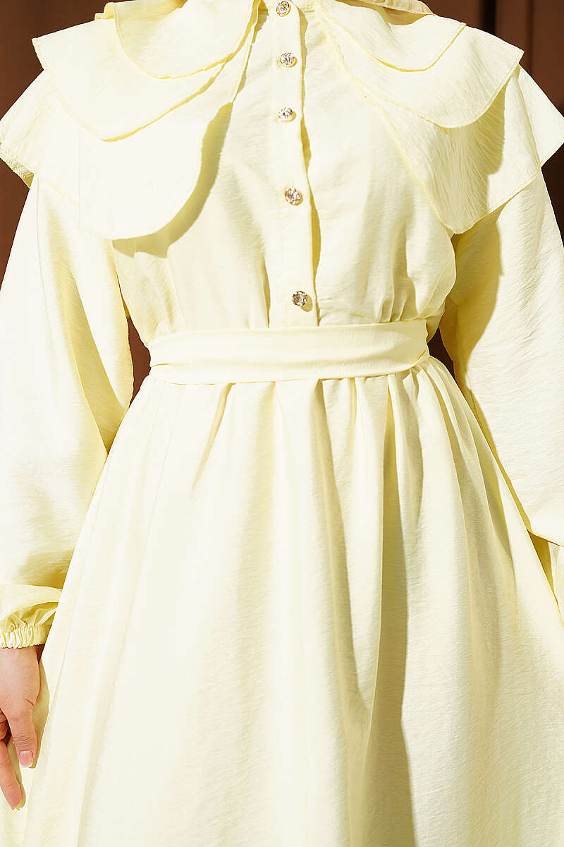 Tiered Half-Button Sailor-Collar Dress - Yellow