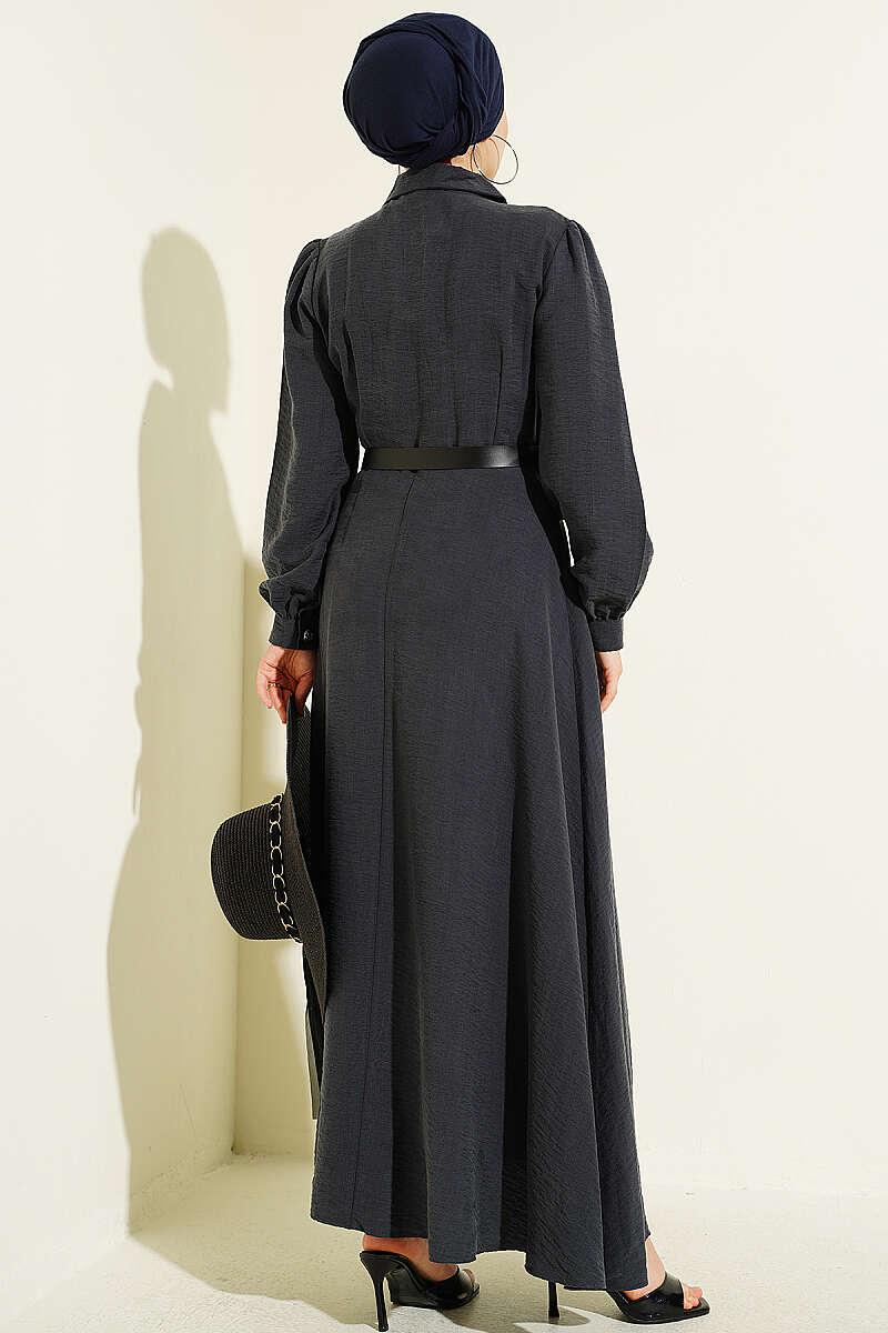 Belted Half-Button Dress with Flap Pockets - Smoke Grey